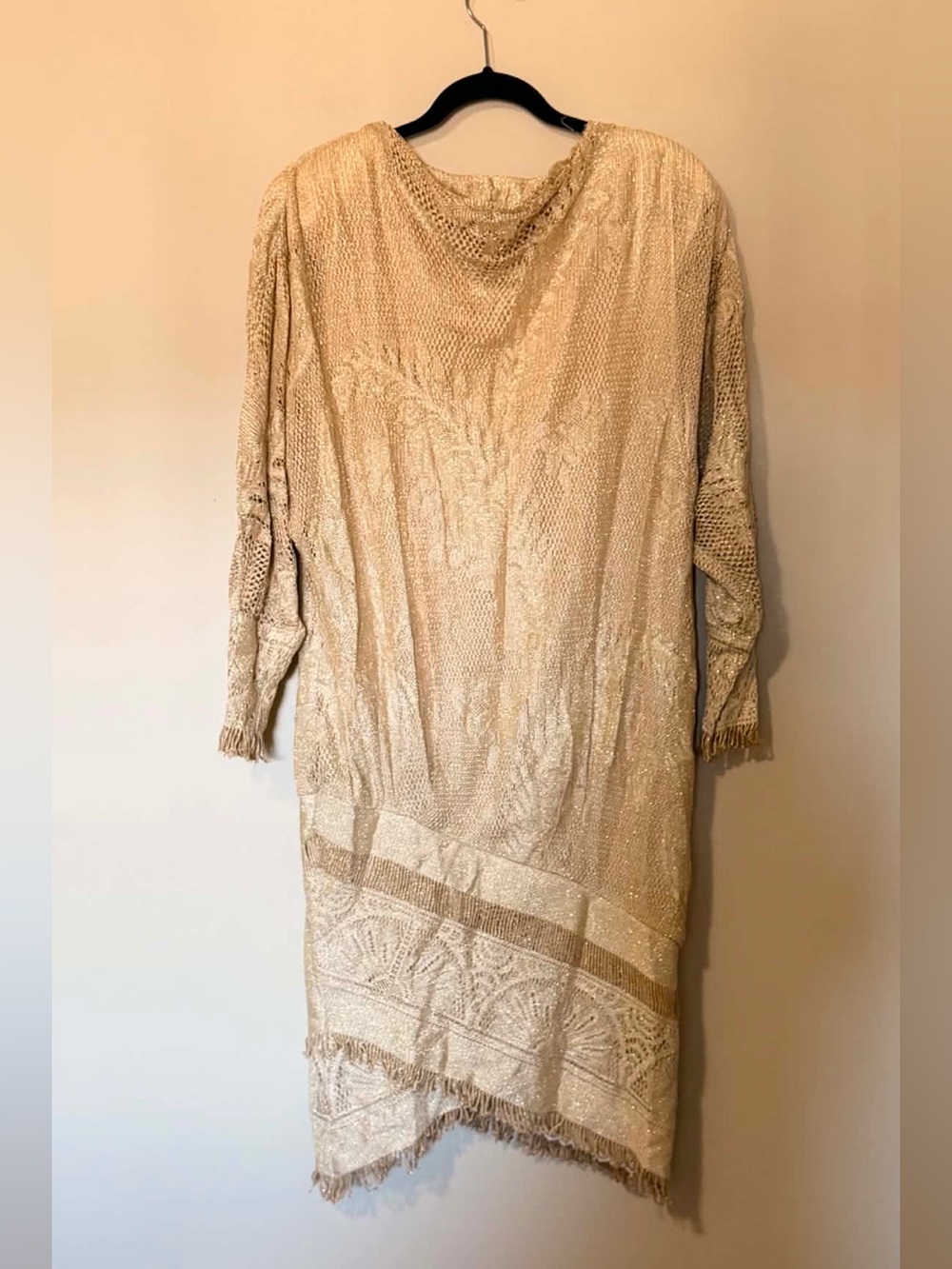 DAMIANOU Gold metallic Crochet Flapper Drop Waist dress lace fringe Sz M Vintage